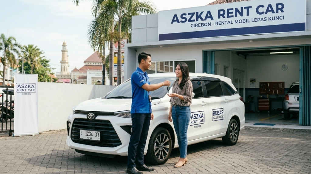 Proses serah terima kunci mobil rental lepas kunci Cirebon di depan unit Toyota Avanza putih Aszka Rent Car yang bersih dan terawat.